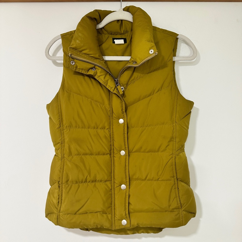 J.Crew Puffer Vest Women XS Mustard Yellow Down Filled Quilted Full Zip Gorpcore